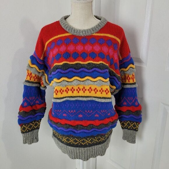 Vintage Wool Sweater Womens Large Striped Knitted By Hand Cosby Crescendo 90s - Picture 1 of 16